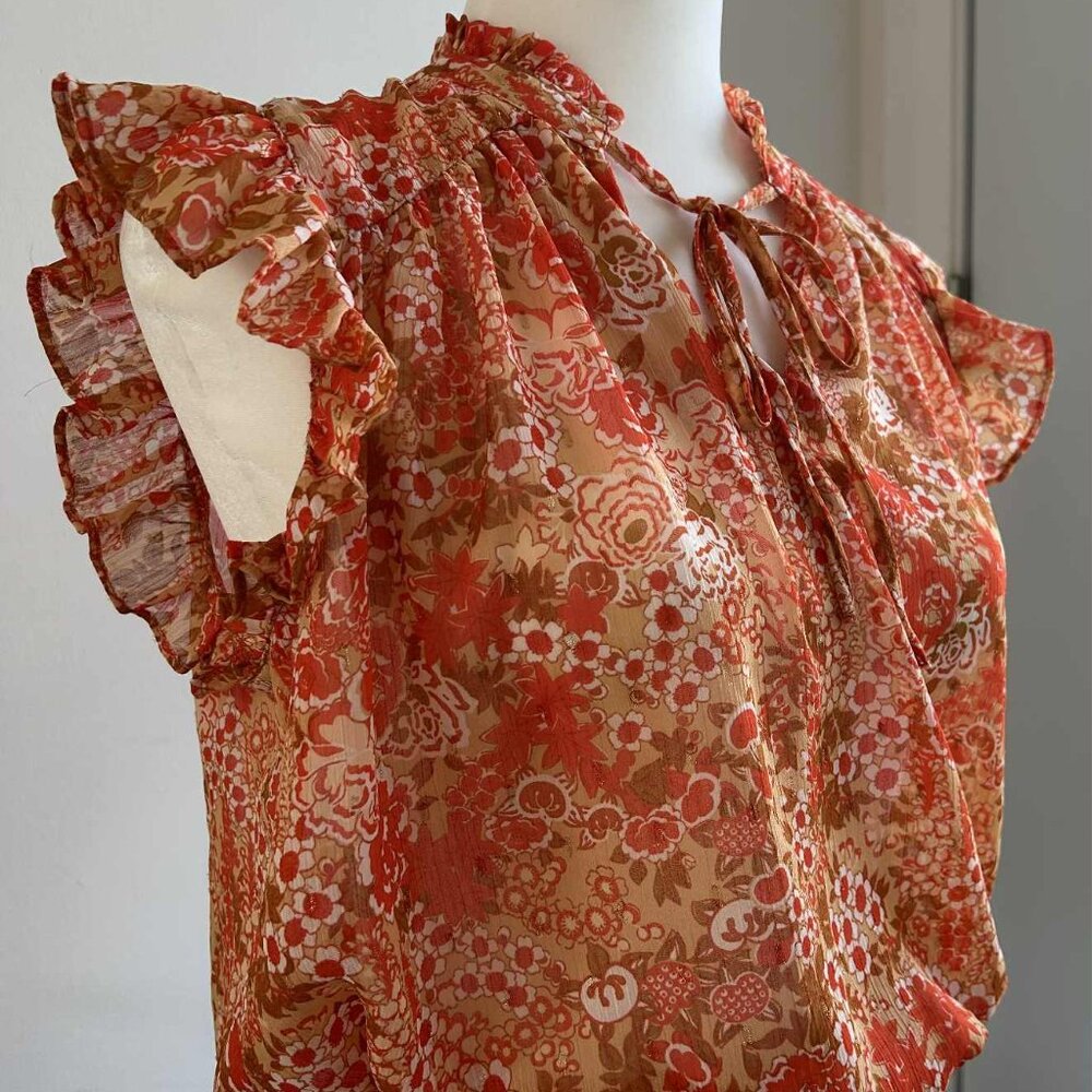 Rachel Zoe Orange Chiffon Floral Metallic Flutter Blouse with Smocked Hem – US M